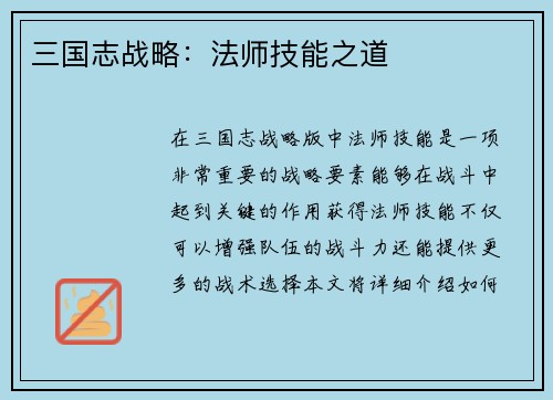 三国志战略：法师技能之道